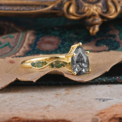 5 Prong Luxury Pear-Cut Black Rutilated Quartz Engagement Ring