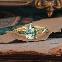 Luxury Pear-Cut Natural Moss Agate Engagement Ring