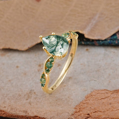 Luxury Pear-Cut Natural Moss Agate Engagement Ring
