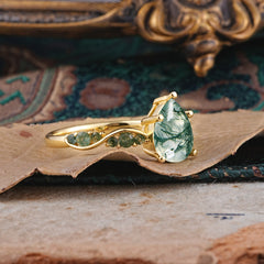 Luxury Pear-Cut Natural Moss Agate Engagement Ring