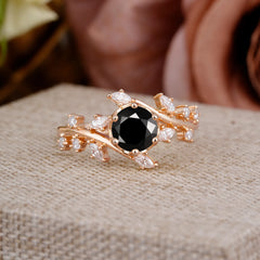 Nature-Inspired 6 Prong Round Cut Black Onyx Ring