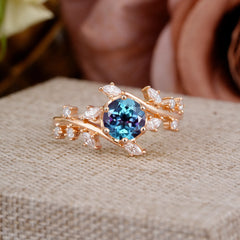 Nature-Inspired 6 Prong Round Cut Alexandrite Ring