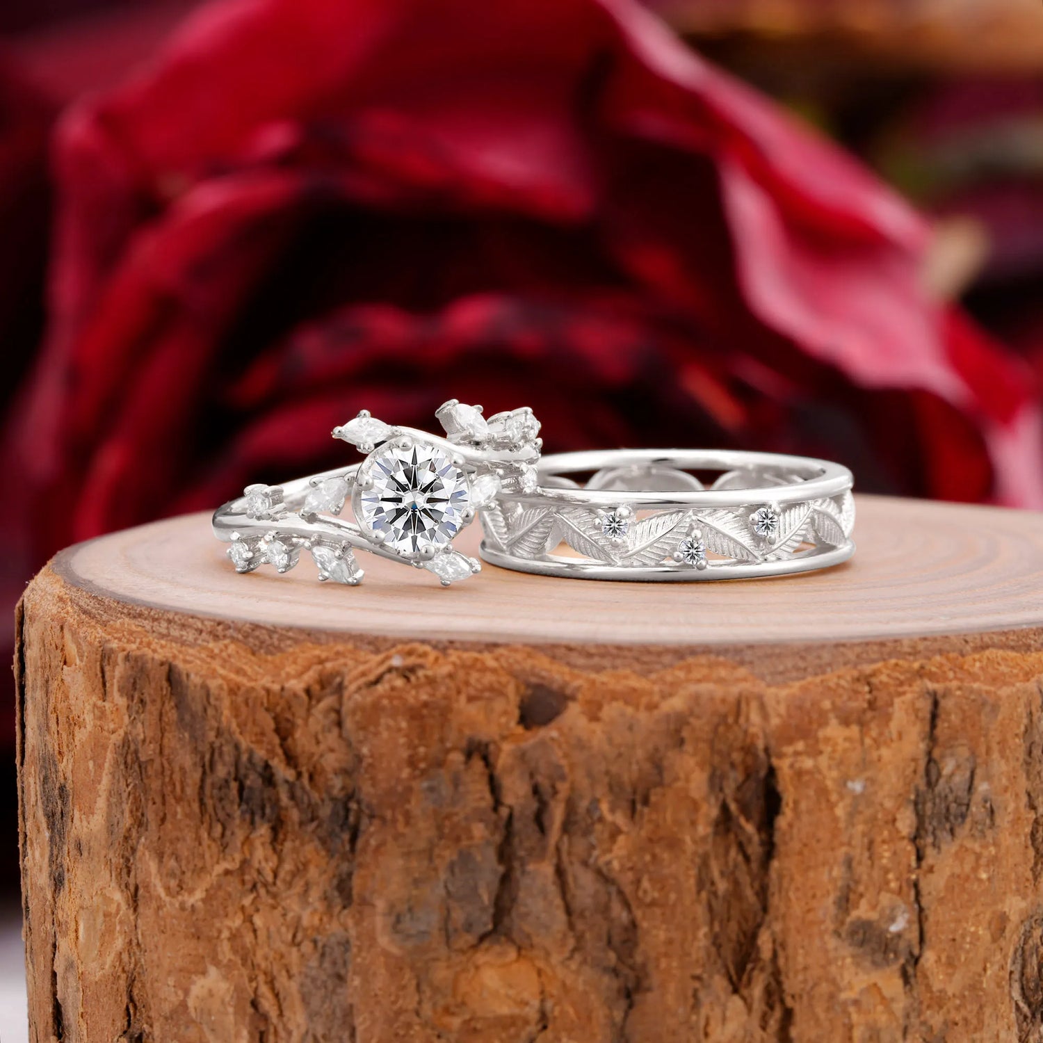 Elegant Leaf Design Lab Diamond Wedding Couple Ring for Her and Him