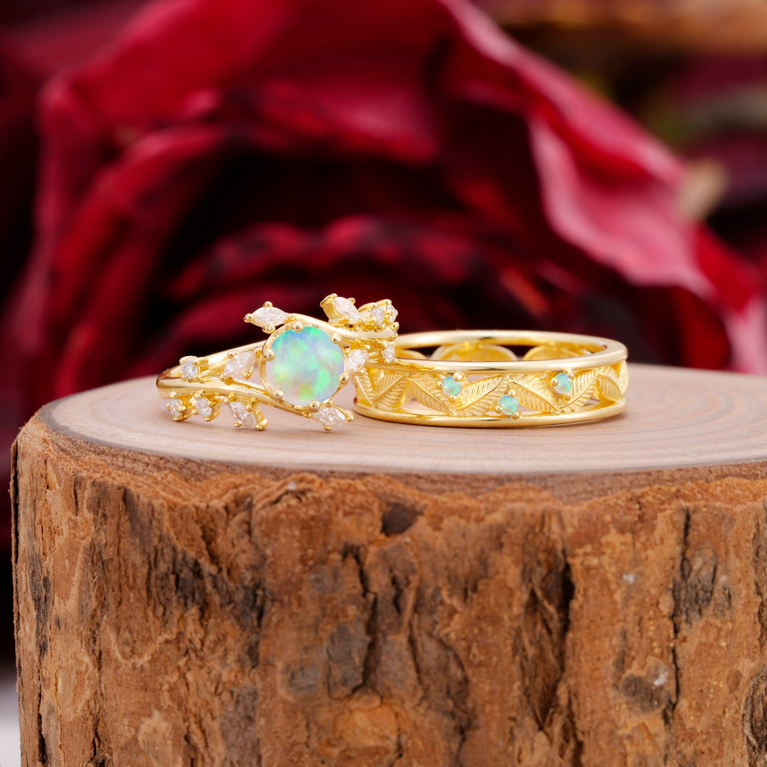 Elegant Leaf Design Opal Wedding Couple Ring for Her and Him