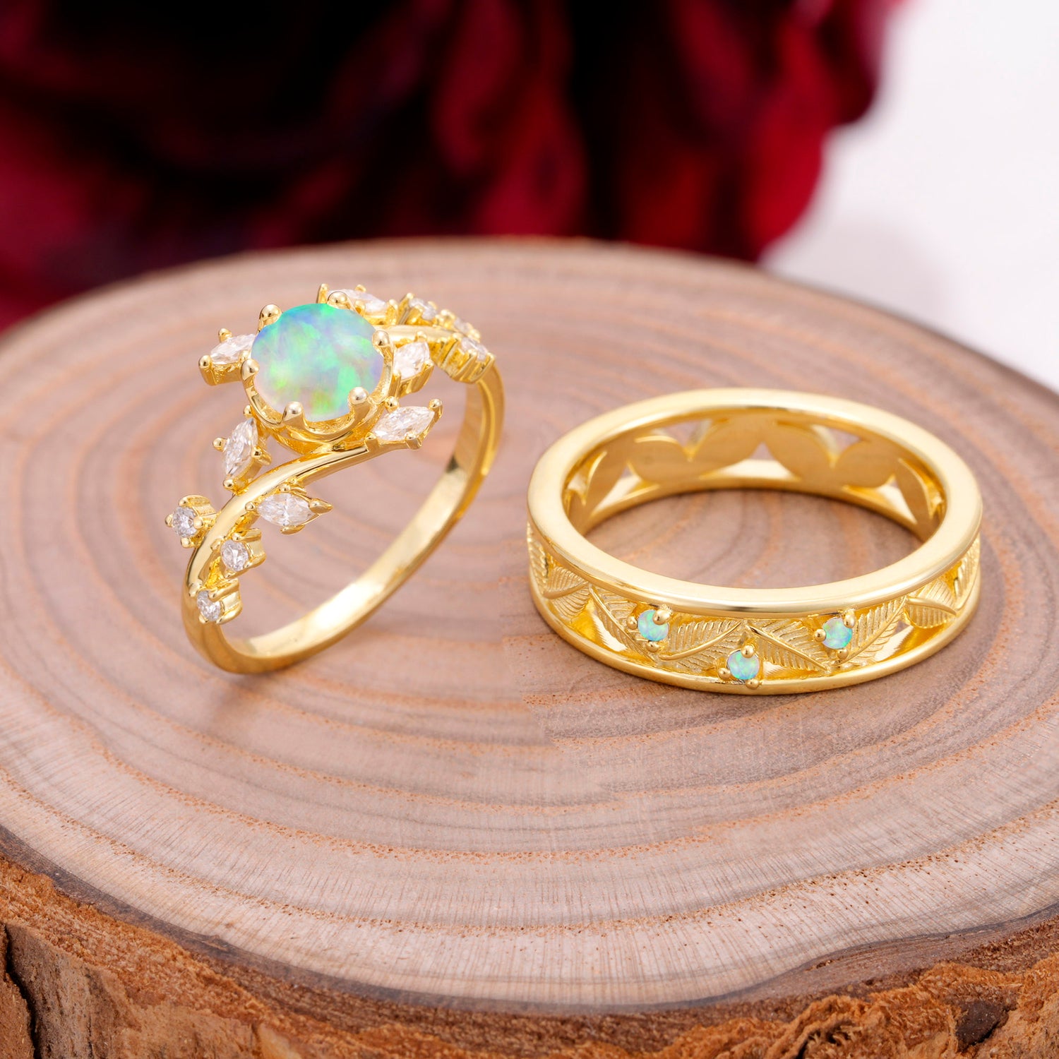 Elegant Leaf Design Opal Wedding Couple Ring for Her and Him