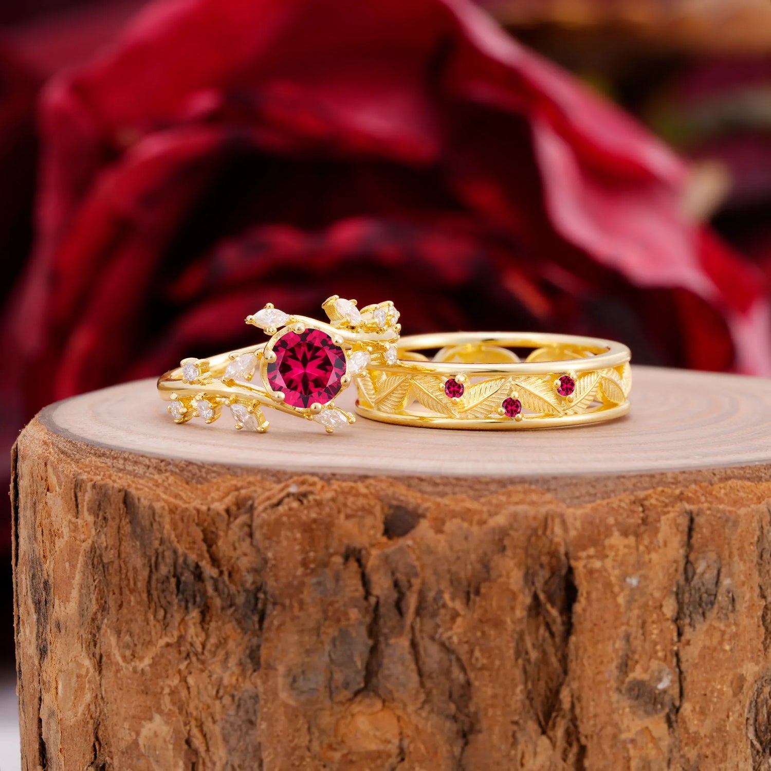 Elegant Leaf Design Ruby Wedding Couple Ring for Her and Him