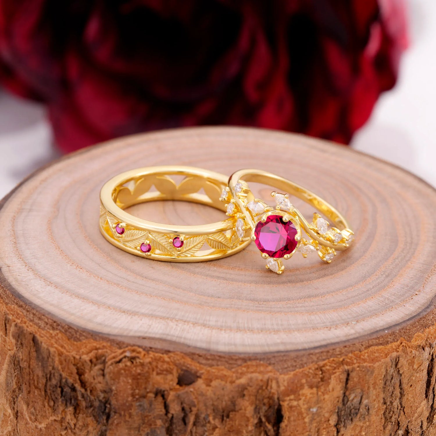 Elegant Leaf Design Ruby Wedding Couple Ring for Her and Him