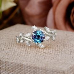 Nature-Inspired 6 Prong Round Cut Alexandrite Ring