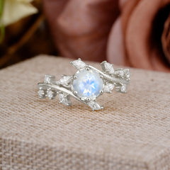 Nature-Inspired 6 Prong Round Cut Moonstone Ring