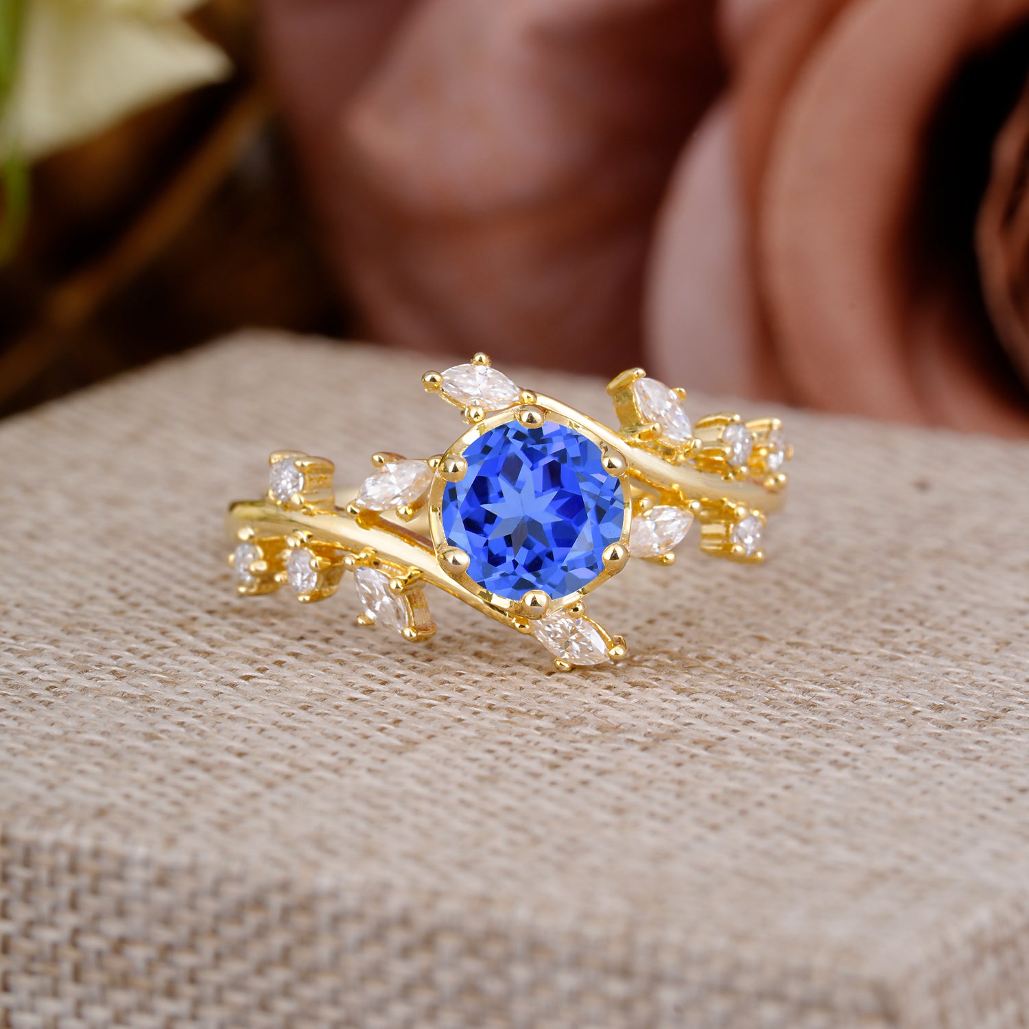 Nature-Inspired 6 Prong Round Cut Sapphire Engagement Ring