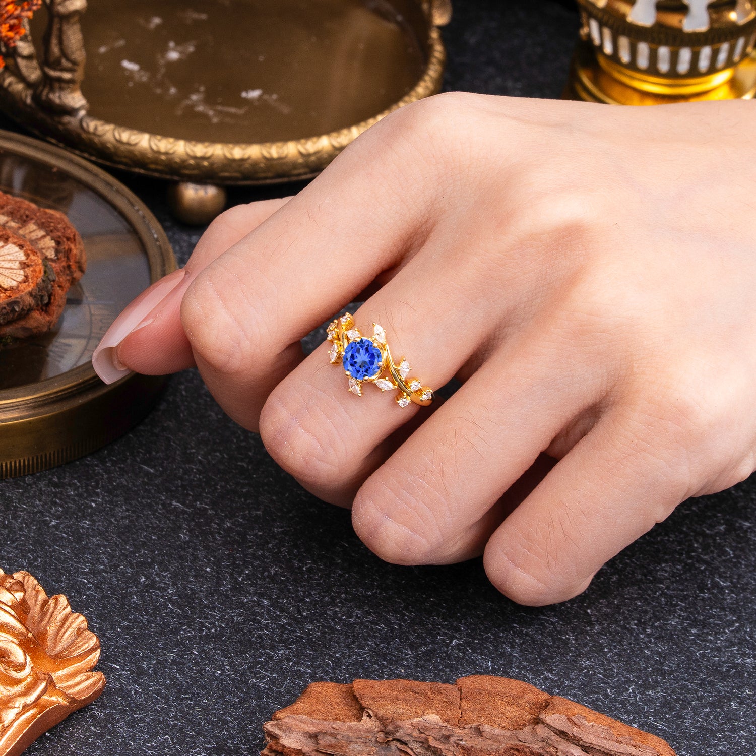 Nature-Inspired 6 Prong Round Cut Sapphire Engagement Ring