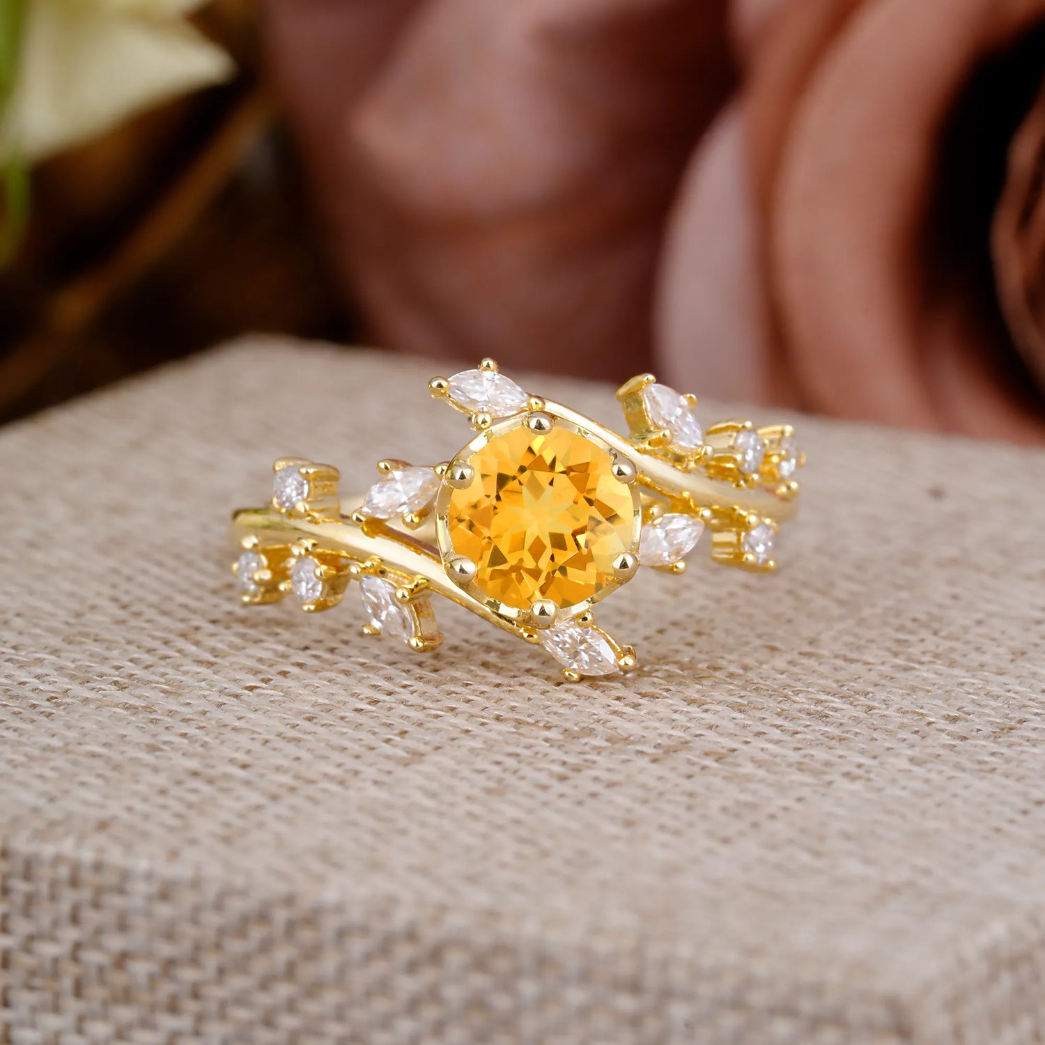 Nature-Inspired 6 Prong Round Cut Citrine Engagement Ring