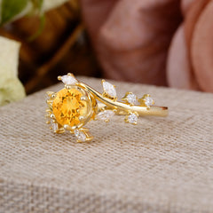 Nature-Inspired 6 Prong Round Cut Citrine Ring