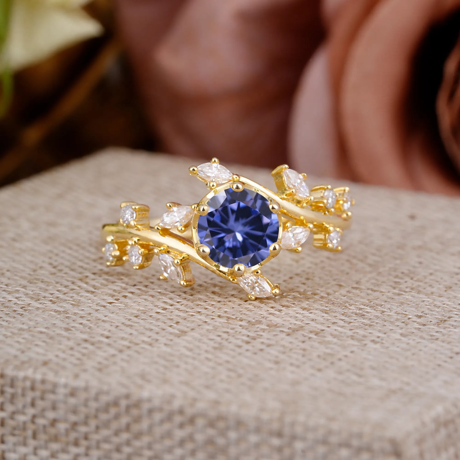 Nature-Inspired 6 Prong Round Cut Tanzanite Engagement Ring