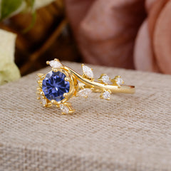 Nature-Inspired 6 Prong Round Cut Tanzanite Ring