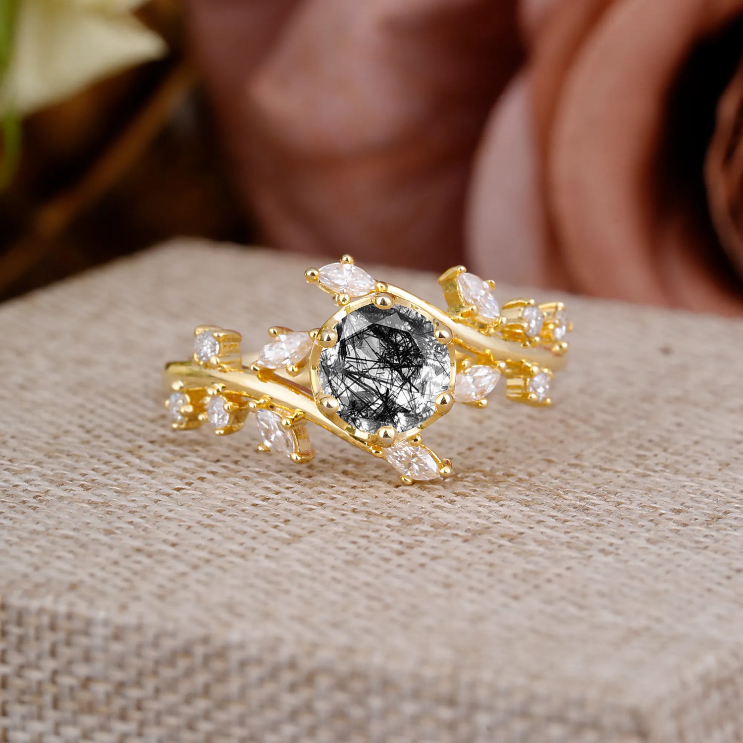 Nature-Inspired 6 Prong Round Cut Black Rutilated Quartz Engagement Ring