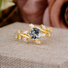 Nature-Inspired 6 Prong Round Cut Black Rutilated Quartz Ring
