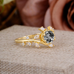 Nature-Inspired 6 Prong Round Cut Black Rutilated Quartz Ring