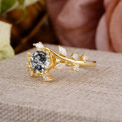 Nature-Inspired 6 Prong Round Cut Black Rutilated Quartz Ring
