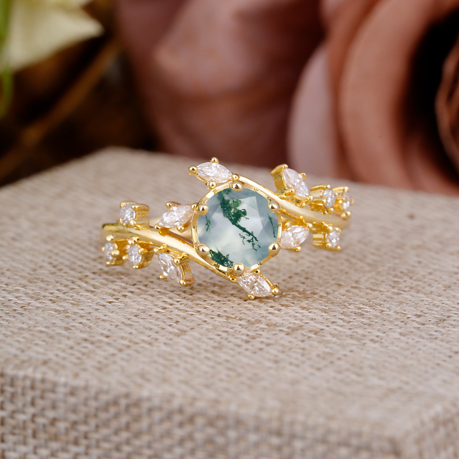 Nature-Inspired 6 Prong Round Cut Natural Moss Agate Ring
