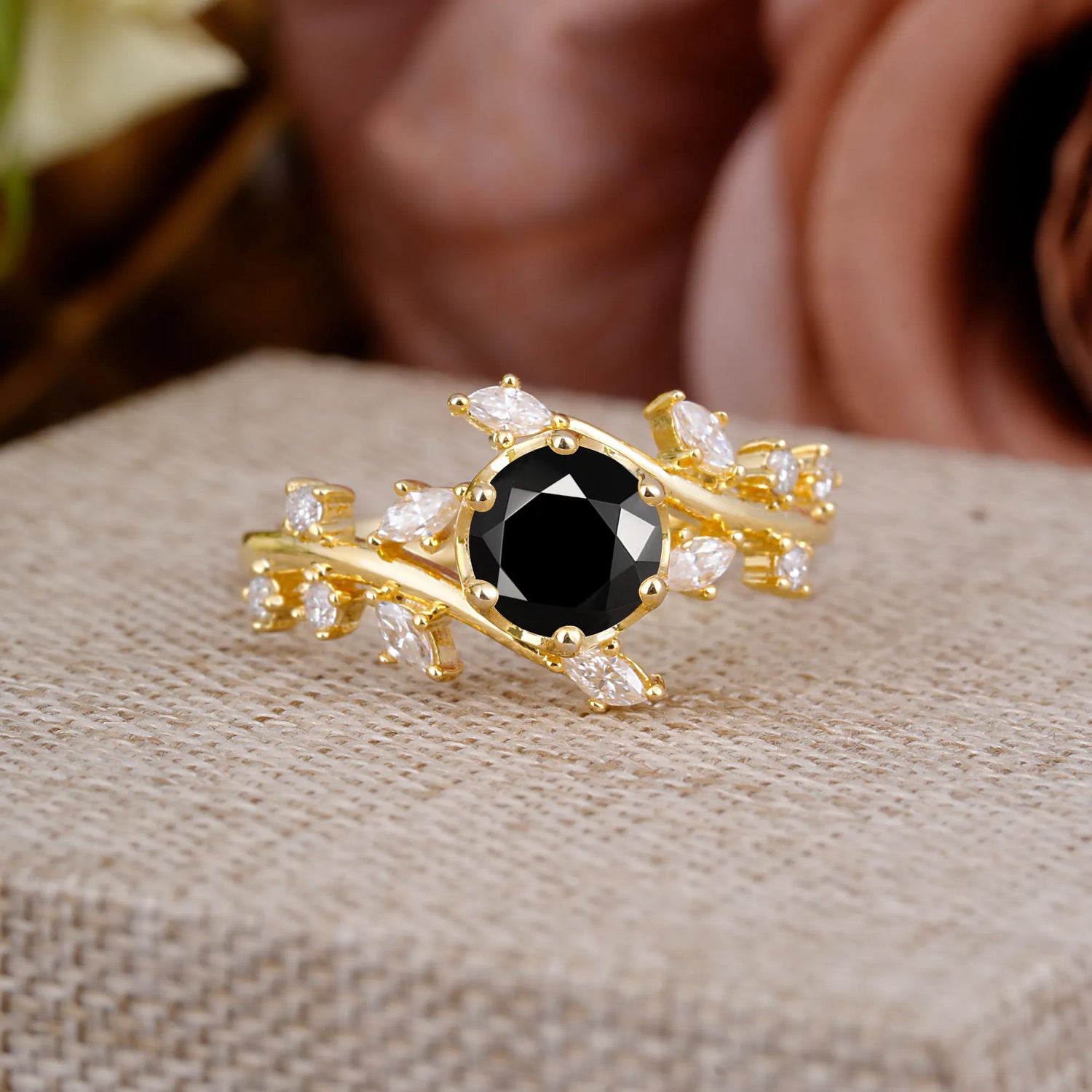 Nature-Inspired 6 Prong Round Cut Black Onyx Engagement Ring