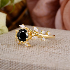 Nature-Inspired 6 Prong Round Cut Black Onyx Ring