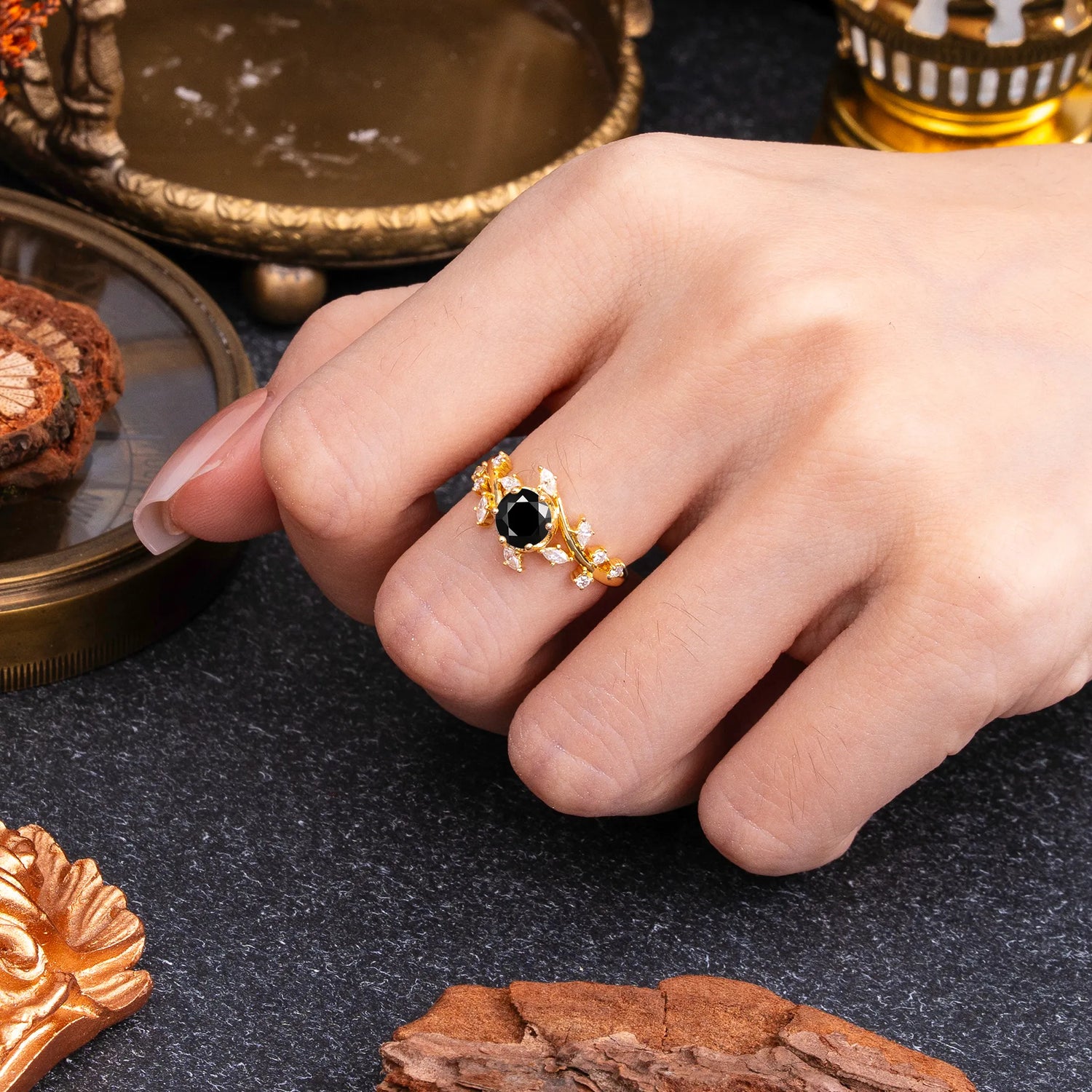 Nature-Inspired 6 Prong Round Cut Black Onyx Engagement Ring