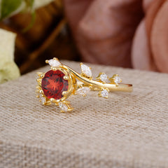 Nature-Inspired 6 Prong Round Cut Garnet Ring