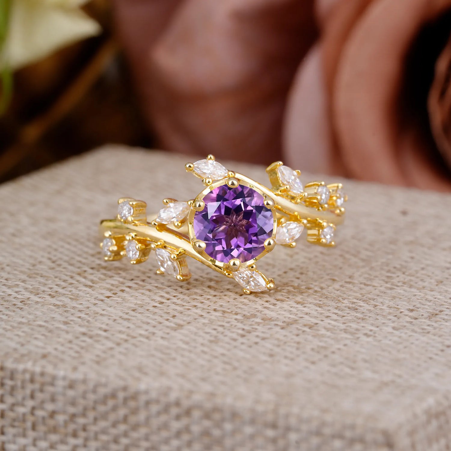 Nature-Inspired 6 Prong Round Cut Amethyst Engagement Ring