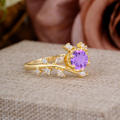 Nature-Inspired 6 Prong Round Cut Amethyst Ring
