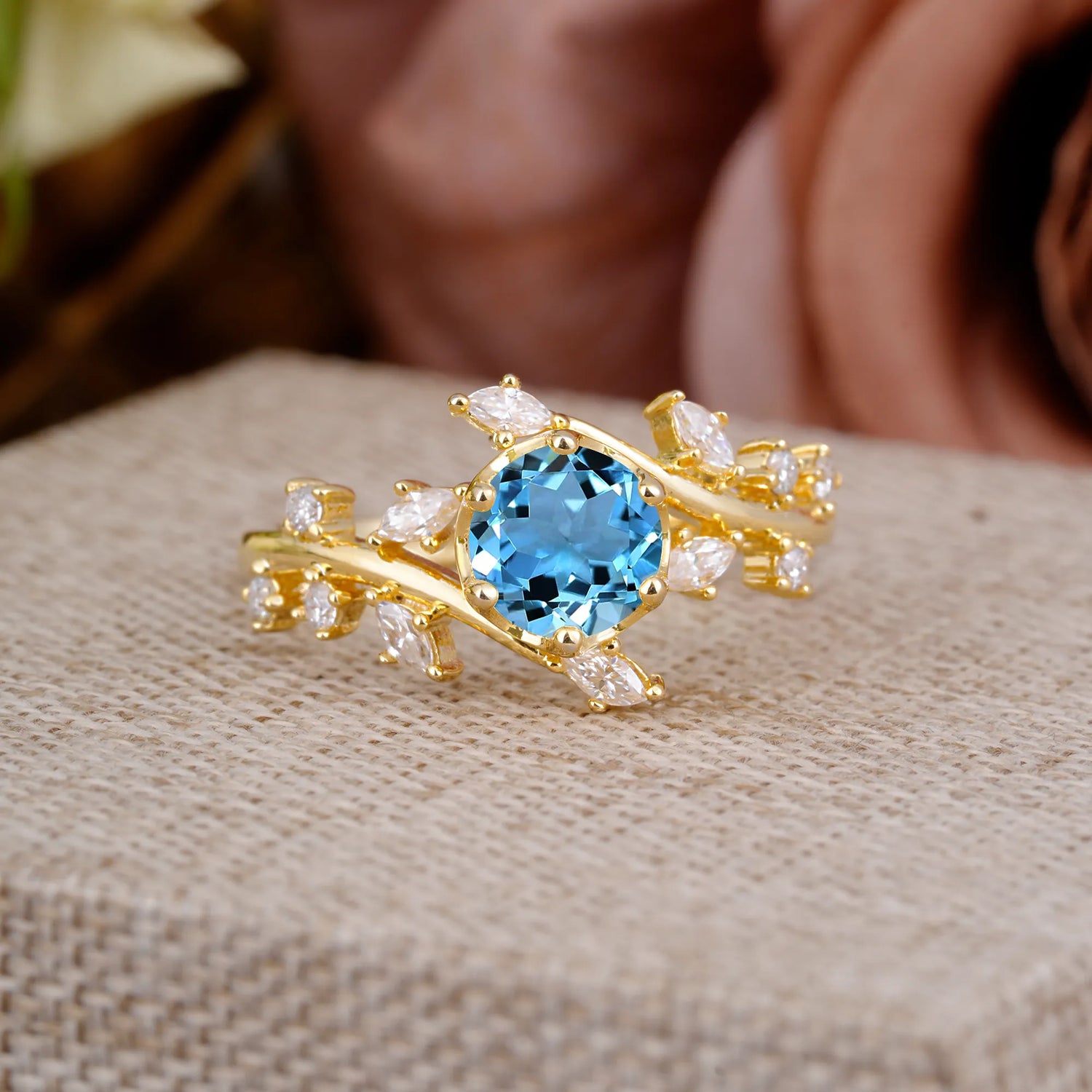 Nature-Inspired 6 Prong Round Cut Aquamarine Engagement Ring