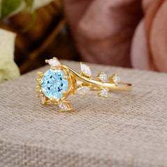 Nature-Inspired 6 Prong Round Cut Aquamarine Ring