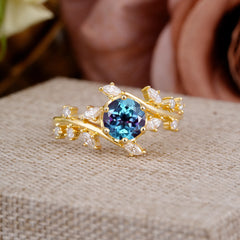 Nature-Inspired 6 Prong Round Cut Alexandrite Ring