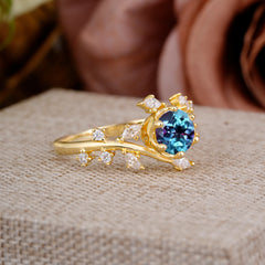 Nature-Inspired 6 Prong Round Cut Alexandrite Ring