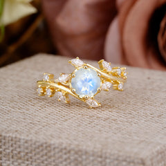 Nature-Inspired 6 Prong Round Cut Moonstone Ring
