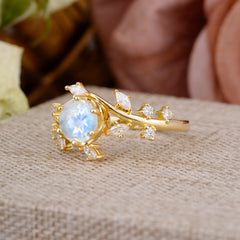 Nature-Inspired 6 Prong Round Cut Moonstone Ring