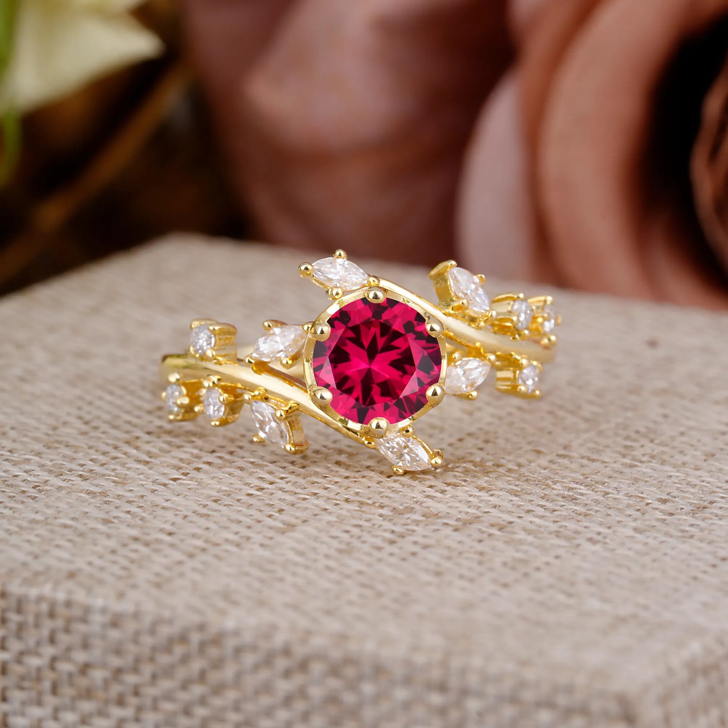 Nature-Inspired 6 Prong Round Cut Ruby Engagement Ring
