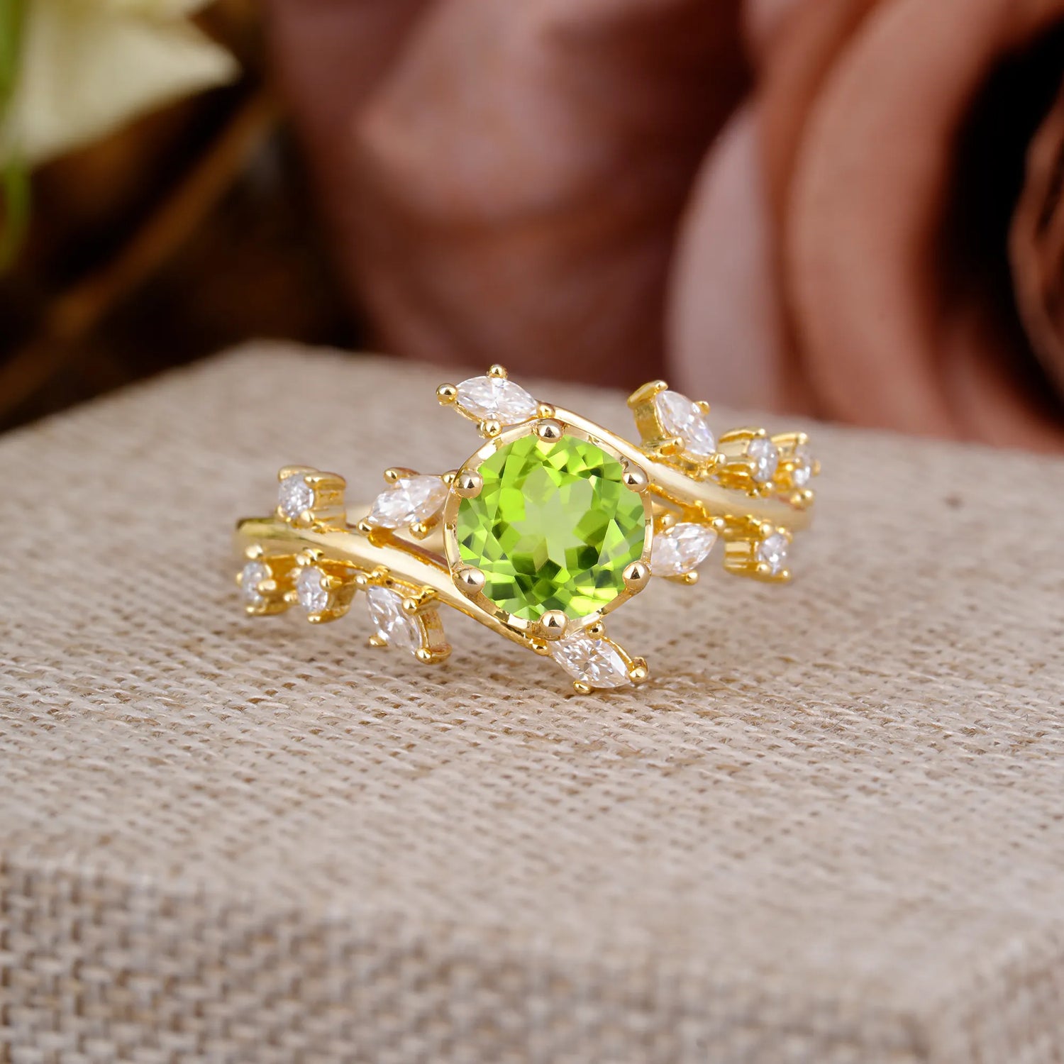 Nature-Inspired 6 Prong Round Cut Peridot Engagement Ring