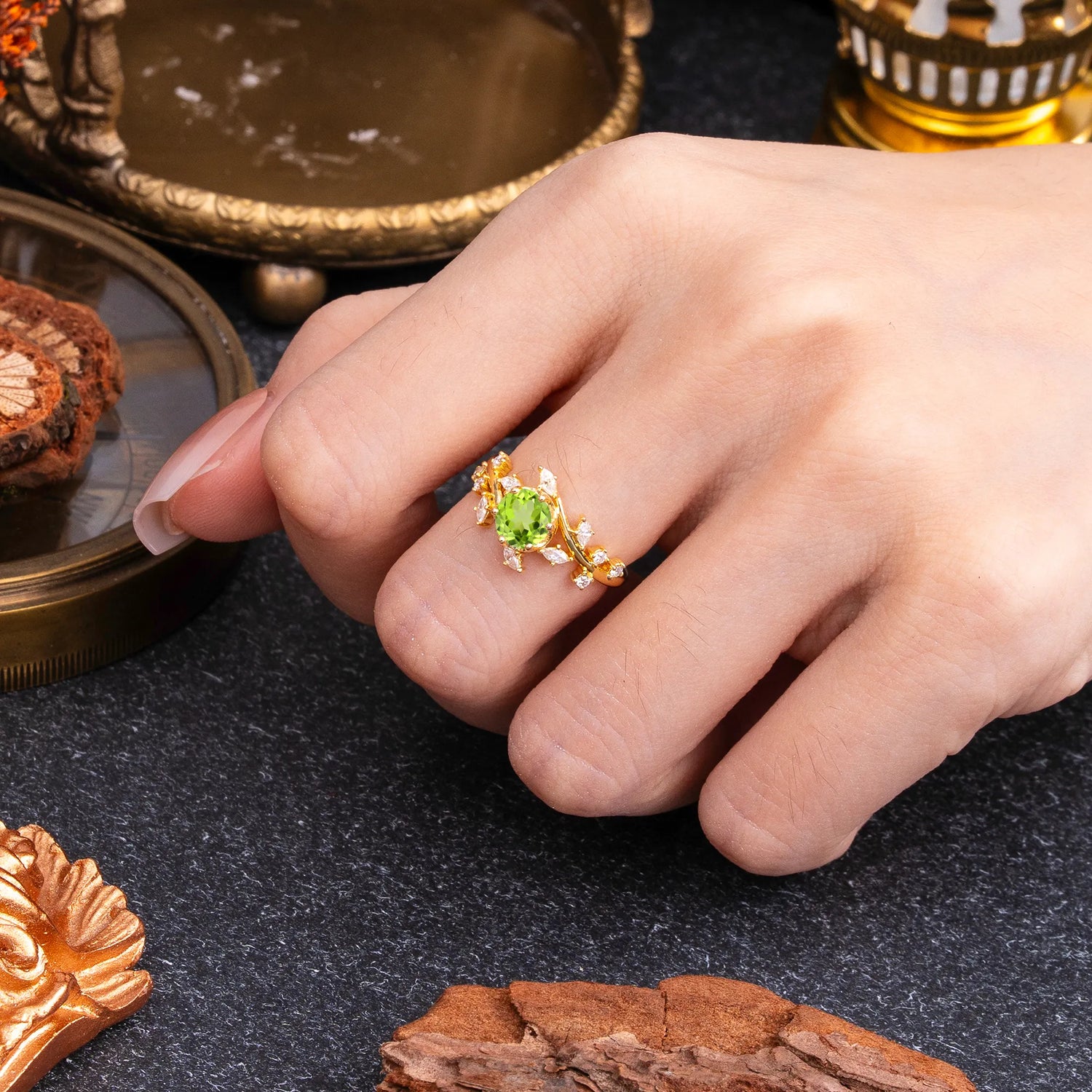 Nature-Inspired 6 Prong Round Cut Peridot Engagement Ring