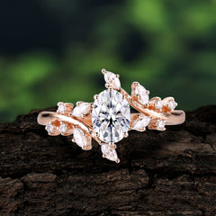 Nature-Inspired Branch  Oval-Cut Moissanite Engagement Ring