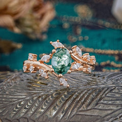 Nature-Inspired 6 Prong Branch Oval-Cut Natural Moss Agate Engagement Ring