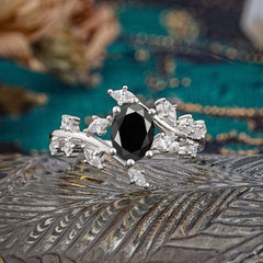 Nature-Inspired Branch 6 prong Oval-Cut Black Onyx Engagement Ring