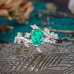Nature-Inspired Branch 6 prong Oval-Cut Emerald Engagement Ring
