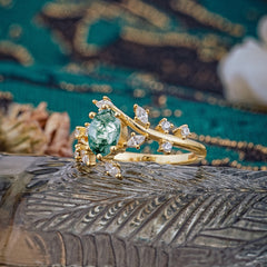 Nature-Inspired 6 Prong Branch Oval-Cut Natural Moss Agate Engagement Ring