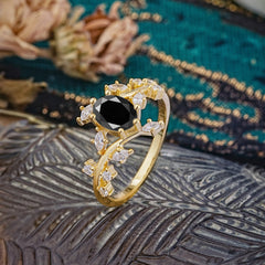 Nature-Inspired Branch 6 prong Oval-Cut Black Onyx Engagement Ring