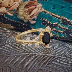 Nature-Inspired Branch 6 prong Oval-Cut Black Onyx Engagement Ring