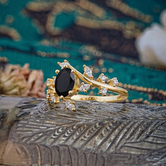 Nature-Inspired Branch 6 prong Oval-Cut Black Onyx Engagement Ring