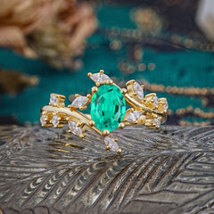 Nature-Inspired Branch 6 prong Oval-Cut Emerald Engagement Ring