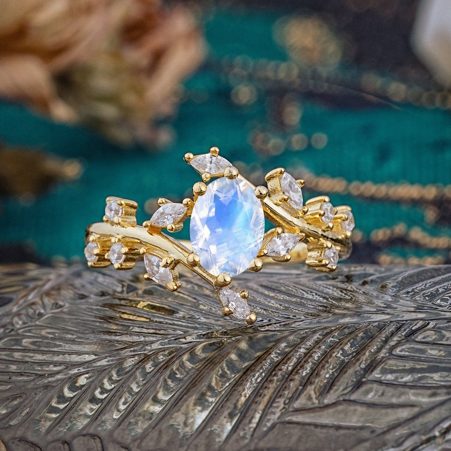 Nature-Inspired Branch 6 prong Oval-Cut Moonstone Engagement Ring
