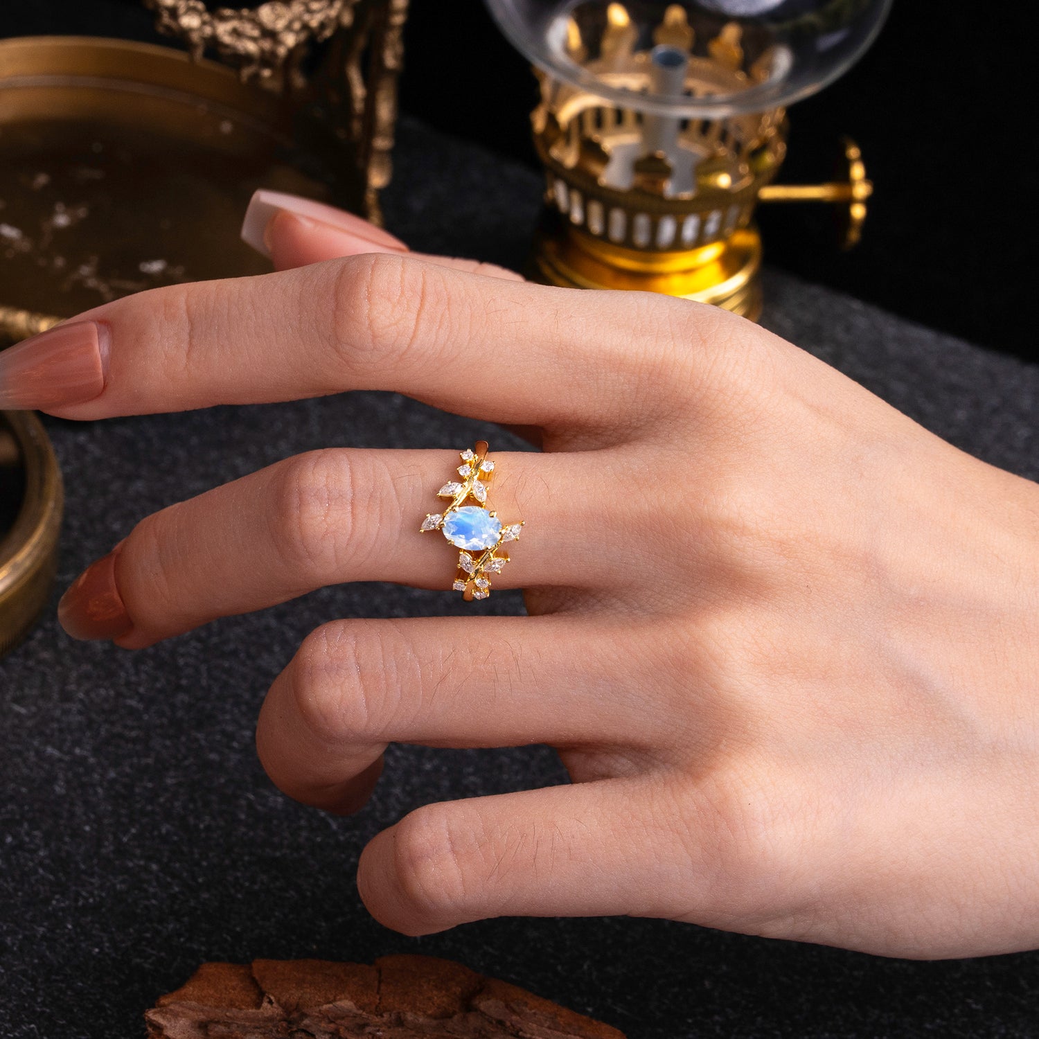 Nature-Inspired Branch 6 prong Oval-Cut Moonstone Engagement Ring